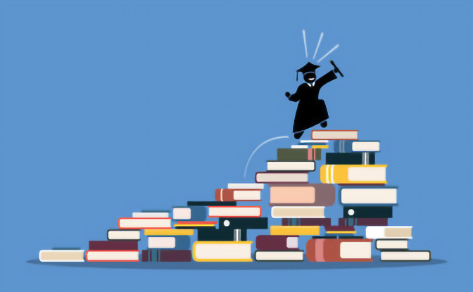 a PhD student climbing on top a hill made of books